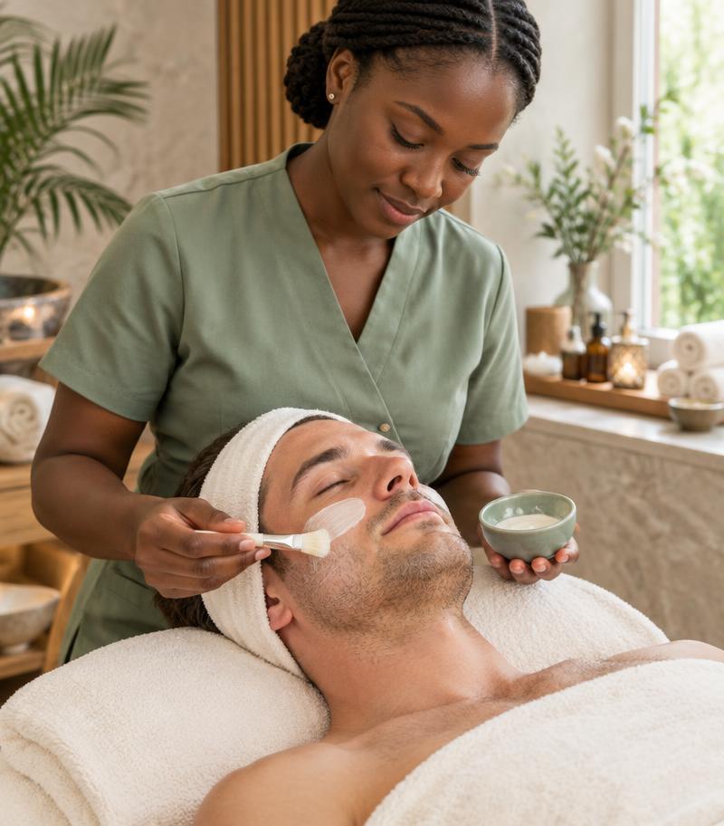 Illustrative white male client receiving a facial from a Black female therapist