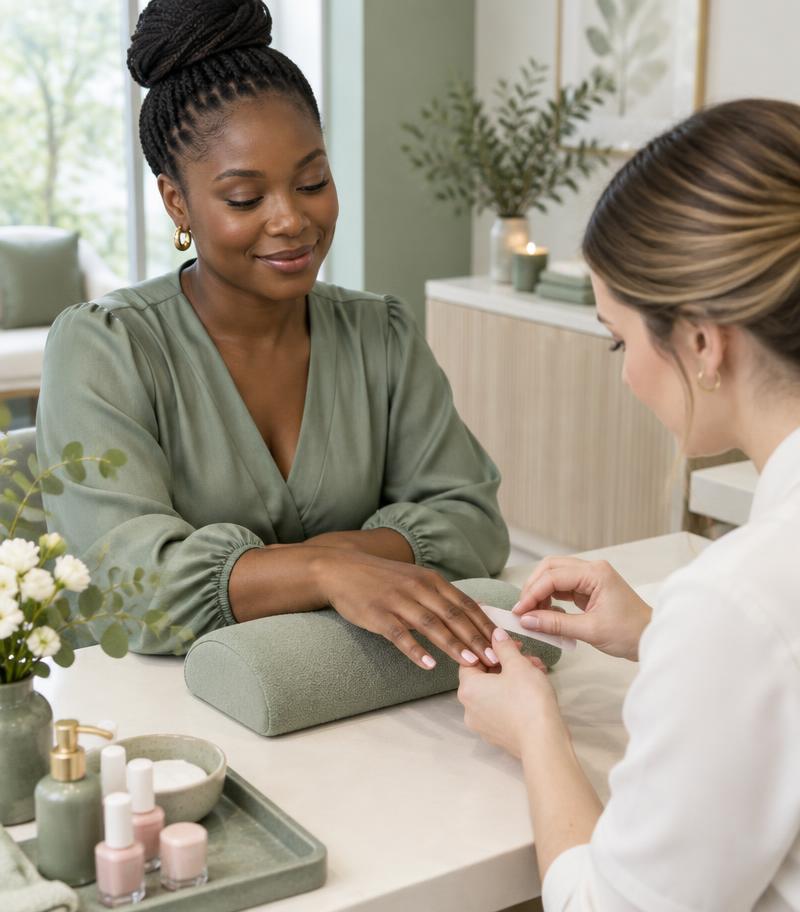 Illustrative Black female client receiving a manicure from a white female professional