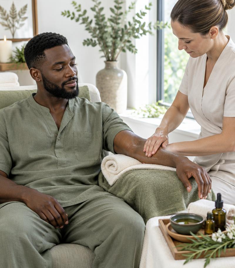 Illustrative Black male client receiving a hand massage from a white female therapist