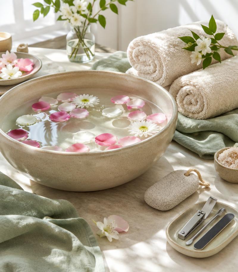 Spa-inspired pedicure basin and nail care accessories