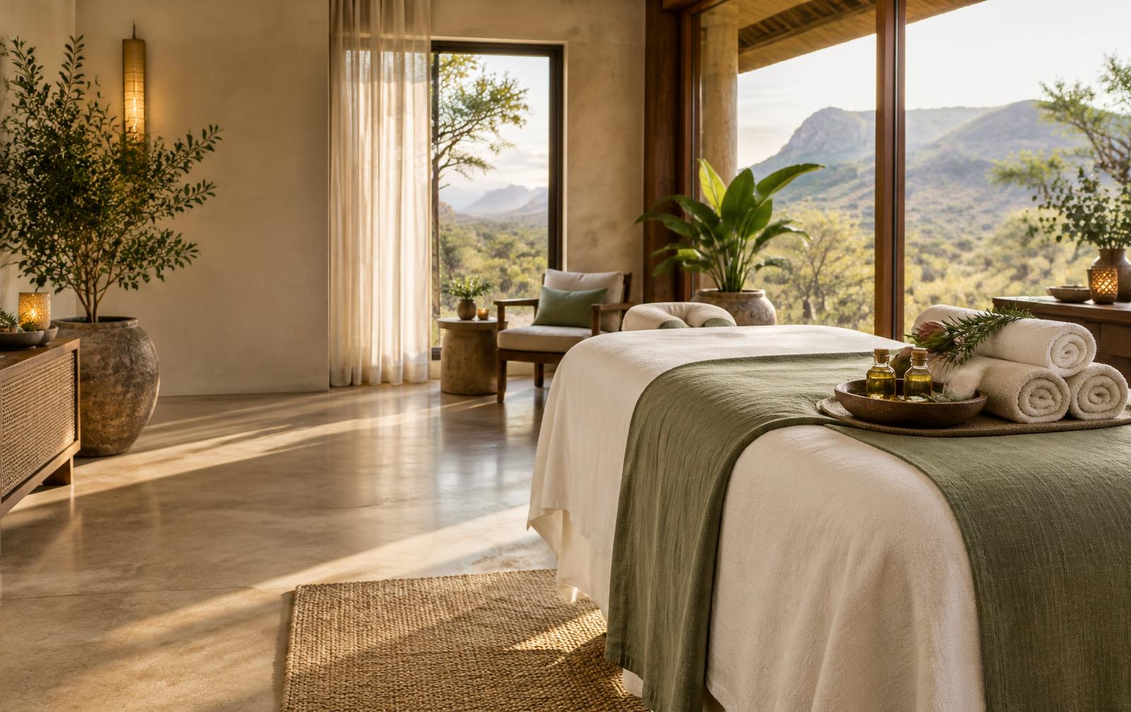 Spa-inspired peaceful room with sage linens and natural oils
